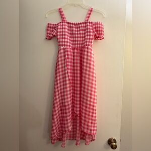 Girls Hot Pink Gingham Off-Shoulder Summer Dress